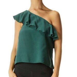 Maeve Anthropologie Dark Emerald Green 100% silk One-Shoulder Ruffle Blouse